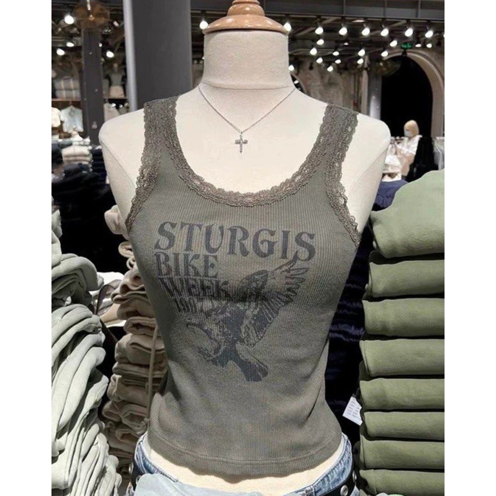 Brady Menvihe | Sturgis Bike Week 1997 Lace Trim Ribbed Tank Olive Green | XS